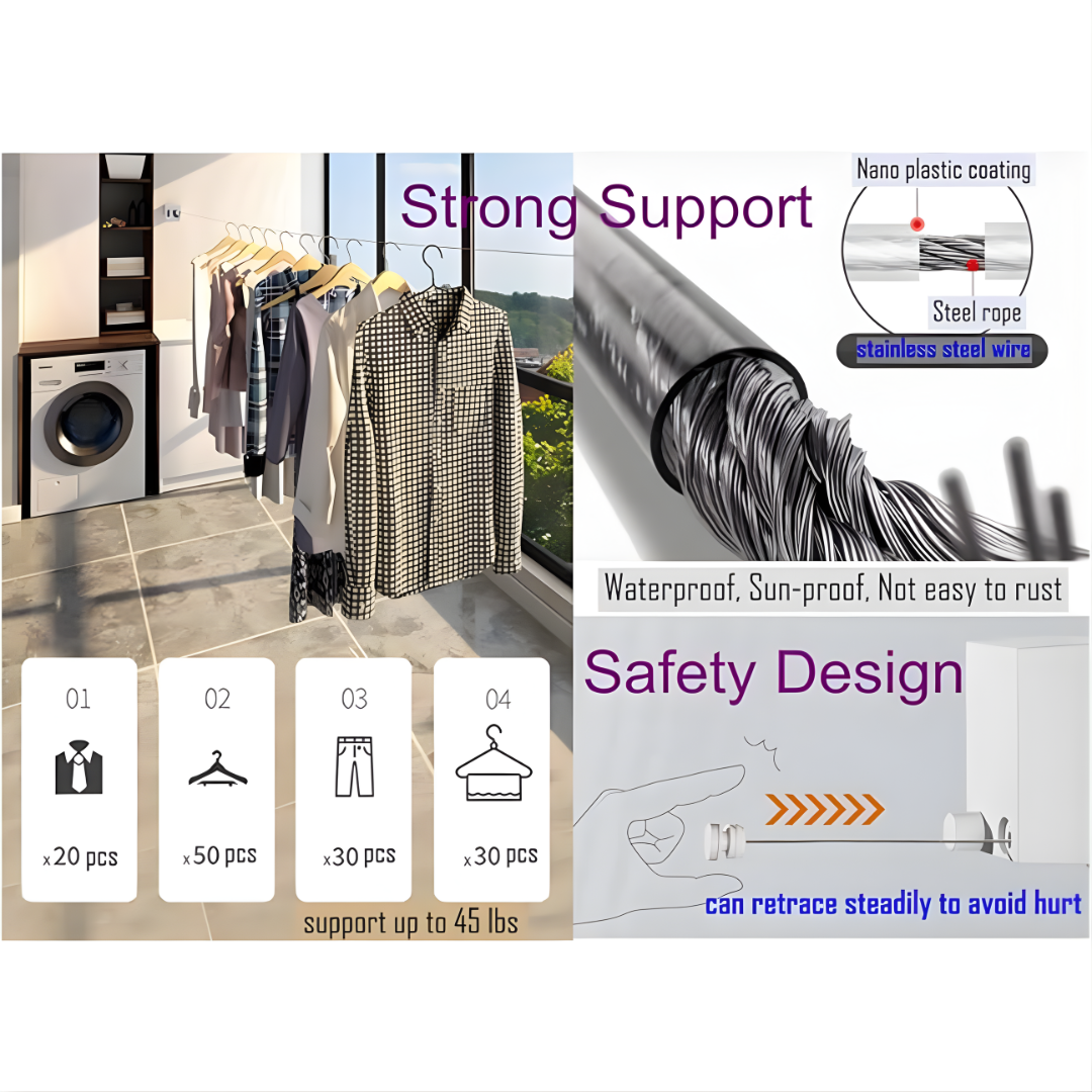 13.8 Feet Telescopic Clothes Hangers Indoor Outdoor Clothes Rack Wall Mounted Magic Laundry Hooks